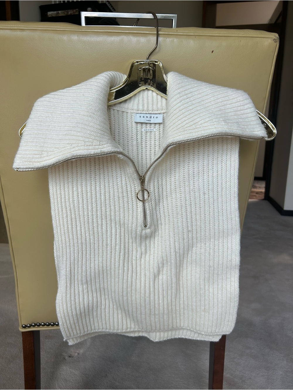 Sandro Cream Ribbed Zip-Front Turtleneck Sweater Vest Open sides